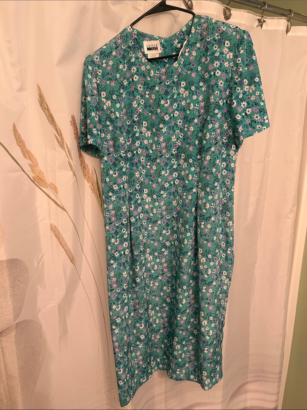 Vintage Leslie Fay Teal Floral Dress with Purple & White Accents
